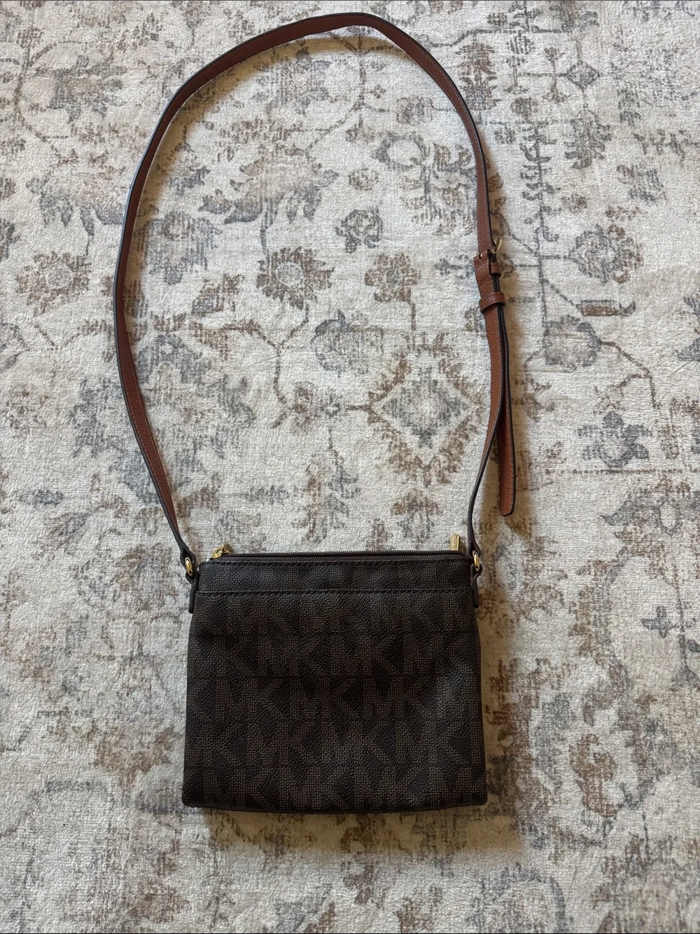 Michael Kors Dark Brown Logo Crossbody with Gold Emblem